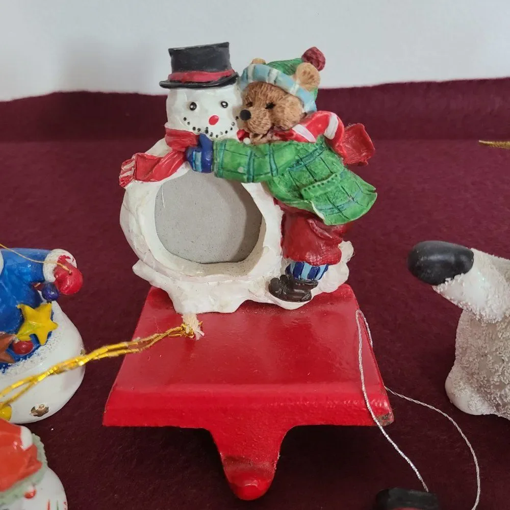 Vintage Winter Snowman Christmas Ornaments and Stocking Hanger Bundle of 8
